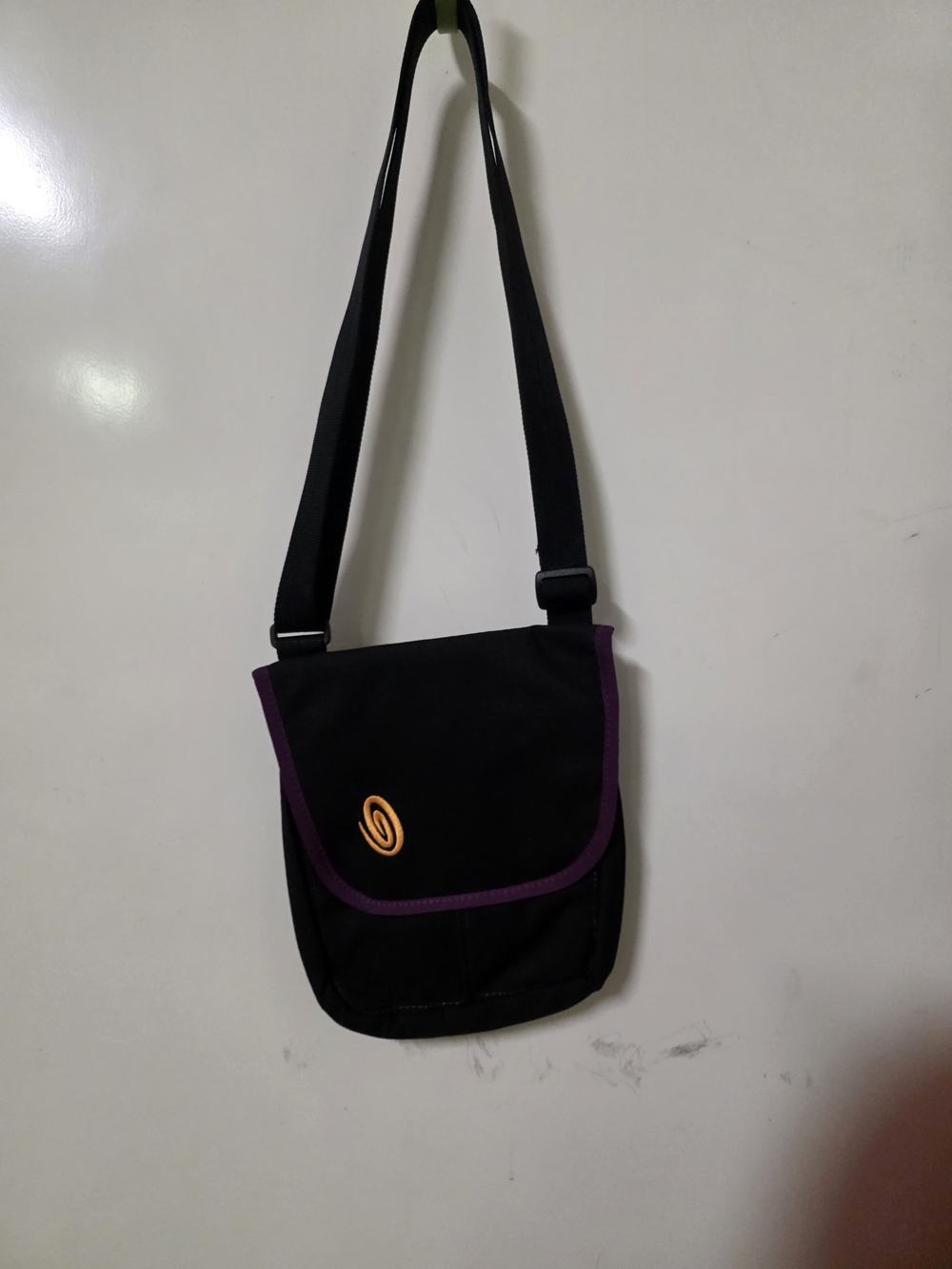 Timbuk2 Black Messenger Bag with Purple Trim and Orange Logo